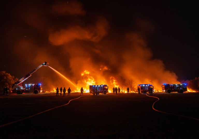Night scene in Velika Glava, Skradin hinterland, Šibenik-Knin County, Croatia. Dozens of Croatian firefighters in full gear are actively battling a rapidly spreading large open-area fire. Intense orange flames illuminate the dark rural landscape, billowing smoke into the night sky. Several red Croatian fire vehicles are strategically positioned on the terrain, their emergency lights flashing, as firefighters work tirelessly with multiple hose lines to contain the blaze after 10 PM.