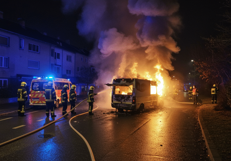 Late evening on Majstora Radonje Street in the Srednjaci neighborhood of Zagreb, Croatia, a food delivery vehicle is engulfed in a dramatic blaze. Croatian firefighters in their full gear are actively dousing the intense flames with water, thick white smoke billowing upwards into the dark night sky. The vehicle, charred and twisted, is clearly a complete loss. Nearby, emergency medical personnel are attending to the visibly shaken delivery driver, who stands near an ambulance with its flashing lights illuminating the scene. The street is wet from the firefighting efforts, and the residential buildings in the background are dimly lit, reflecting the chaotic glow of the fire and emergency vehicles.