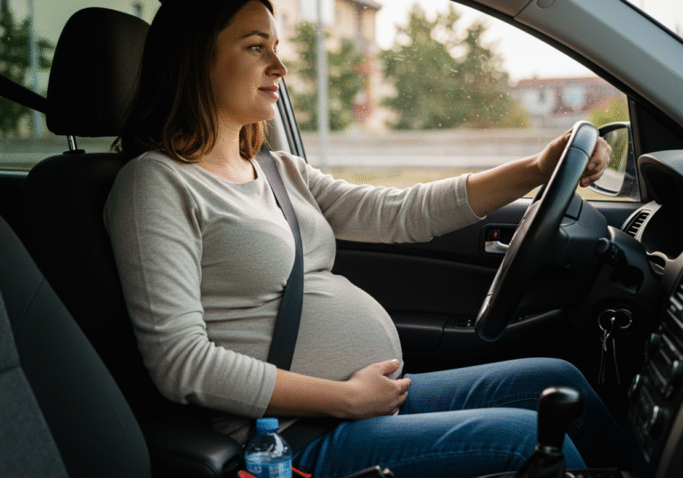 A pregnant woman in Croatia carefully driving a car during the daytime. Her seatbelt is correctly positioned, with the lap portion resting below her belly and the diagonal strap passing between her breasts. She maintains a safe distance between her abdomen and the steering wheel, her hands calmly gripping the wheel. Soft sunlight illuminates the car's interior, highlighting her focused and composed expression. A water bottle is visible in a cup holder, indicating preparation for a journey. The background through the windows suggests a typical Croatian road or urban environment.
