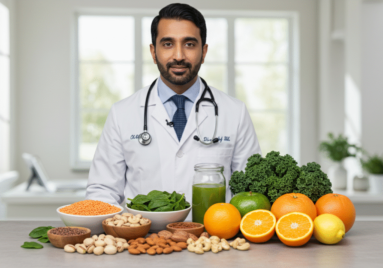 A close-up editorial style shot of Dr. Zain Hasan, a male medical expert, standing in a brightly lit, clean, and modern professional setting. He is looking towards the camera with a confident, approachable expression. On a table in front of him, a meticulously arranged spread of healthy food items: a bowl of lentils, a separate bowl of beans, small mounds of raw almonds, cashews, and pistachios, vibrant fresh spinach and kale, and a selection of whole oranges, grapefruits, and lemons. The scene is illuminated by soft, natural daylight, emphasizing the freshness of the produce. The overall atmosphere is informative and health-focused.