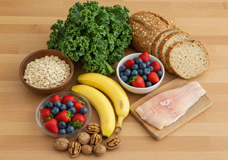A high-angle shot of a clean wooden table displaying a selection of heart-healthy foods, representing dietary guidelines from Croatian medical and nutritional experts. On the table are a bowl of whole-grain oats, fresh green kale leaves, a small bowl of ripe strawberries and blueberries, two yellow bananas, a handful of walnuts, a loaf of whole-wheat bread, and a piece of cooked white fish. Natural daylight illuminates the scene, highlighting the textures and vibrant colors of the food, creating a professional editorial aesthetic.