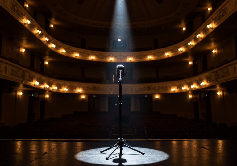 An empty microphone stand center stage in a classic, elegant theatre in Zagreb, softly lit by a single spotlight. The theatre is dark and empty, conveying a profound sense of loss and silence on the Croatian music scene on a somber late afternoon. The stage is set for an unseen performance that will never happen, a tribute to a legendary jazz and chanson singer.