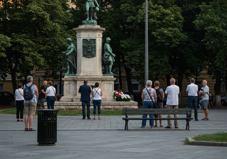 A quiet, somber atmosphere pervades a public space in Zagreb, Croatia, on a warm late afternoon in August 2025. Individuals and small groups of Croatian people are seen pausing, some with reflective expressions, near a cultural landmark or a city park bench. The light is soft and diffused, highlighting the dignified, respectful silence that marks a moment of collective mourning for a significant national loss.