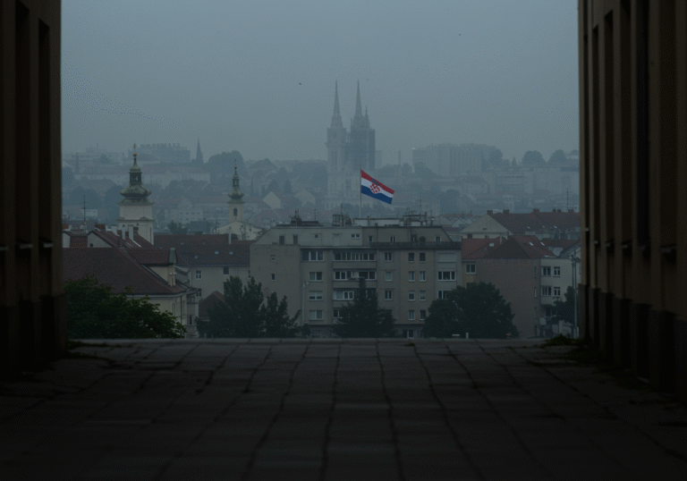 A quiet, somber morning in Zagreb, Croatia, on August 11, 2025. The city awakens under a diffused, soft light, with a sense of profound stillness in the air. A lone Croatian flag at half-mast is subtly visible in the distance, hinting at a national mourning, as the news of a beloved legendary Croatian pop and jazz singer's passing reverberates through the nation's cultural landscape.