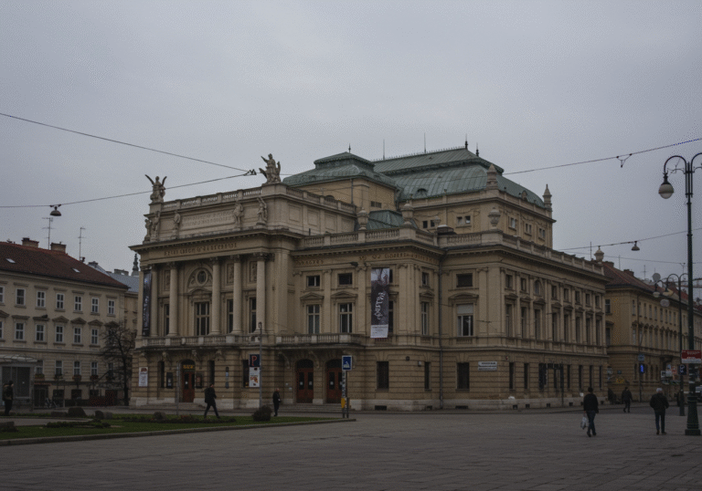 A wide, photorealistic exterior view of the Satiričko kazalište Kerempuh in Zagreb, Croatia, under a soft, overcast sky. The prominent theater building, characteristic of central European architecture, stands quietly on a city street. A few pedestrians are blurred in the background, walking past respectfully, contributing to a subdued and reflective atmosphere. The light is diffused, casting no harsh shadows, suitable for an editorial news photograph.