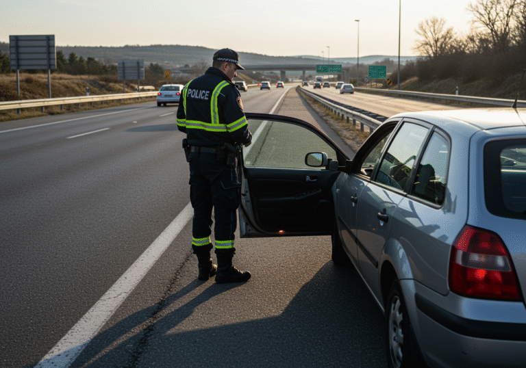 A Croatian police officer in a dark blue uniform with yellow reflective stripes, wearing a cap, stands next to a stopped passenger car on the shoulder of the A6 highway in Primorsko-goranska County, Croatia. The officer is looking into the driver's side window, appearing to speak with the driver. Traffic flows in the background on the multi-lane highway. The setting is a clear, sunny late afternoon, casting long shadows. Roadside barriers and distant hills typical of the Croatian highway landscape are visible.