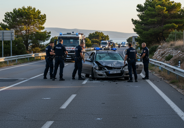 Morning light illuminates the scene of a serious traffic accident on the D-8 state road in Primošten, Croatia. A damaged personal car and a motorcycle are at the center of the road, showing evidence of a severe frontal collision. Several Croatian police officers, dressed in their official uniforms, are actively working at the scene, investigating the incident and directing traffic. The sky is clear, and the surrounding Mediterranean landscape, including coastal vegetation and possibly distant buildings, is visible. The atmosphere is somber, reflecting the seriousness of the event.