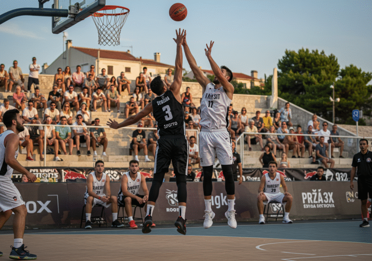 An intense moment during the PRO 3x3 Tour 2025 Grand Final at Ruža Vjetrova in Novalja, Croatia. Elite male 3x3 basketball players are mid-action on an outdoor court, one player is attempting a shot near the basket while an opponent jumps to block. The late afternoon sunlight of early August casts long shadows and highlights the sweat and concentration on their faces. Spectators fill the surrounding temporary stands, their blurred forms indicating a lively atmosphere. In the background, a glimpse of the blue Adriatic Sea and typical Croatian coastal architecture is visible under a clear summer sky, emphasizing the tournament's picturesque location.