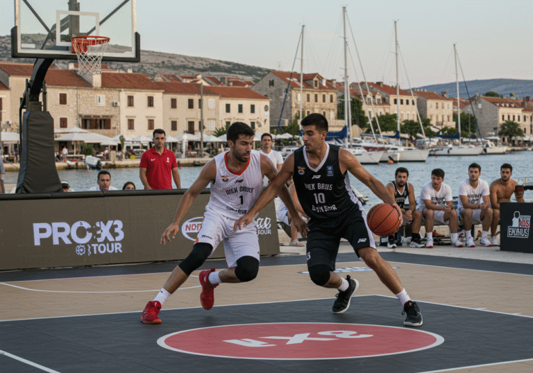 A dynamic 3x3 basketball game in progress on a purpose-built outdoor court at Trg Ruža vjetrova in Novalja, Pag island, Croatia. Male athletes intensely compete, one player mid-dribble under pressure from an opponent, capturing the high stakes of a final match. The court is situated directly by the Adriatic Sea waterfront, with traditional Croatian coastal architecture and docked boats visible in the background under a clear summer sky. Bright, natural late afternoon light illuminates the scene, casting soft shadows. Spectators are visible in the background, adding to the vibrant and energetic atmosphere of the Grand Final of the PRO 3x3 Tour.