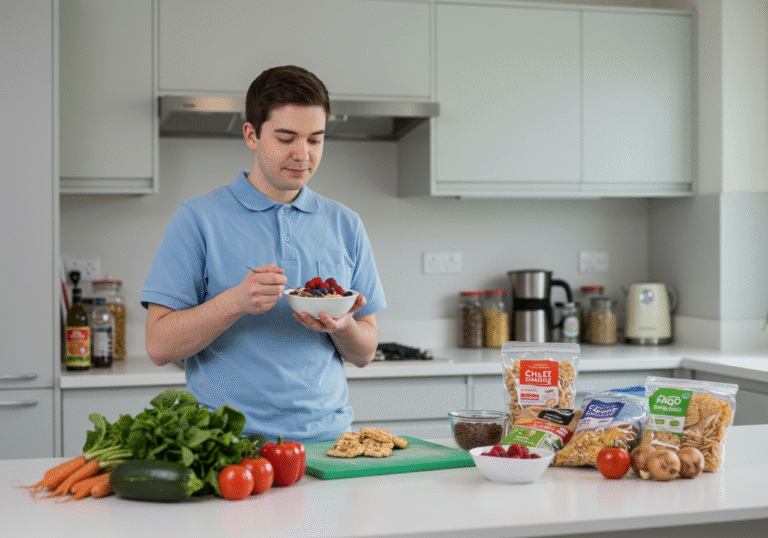 A person, representative of a study participant, stands in a brightly lit, modern kitchen within a University College London Hospitals (UCLH) research facility. They are holding a bowl of oatmeal topped with fresh berries, looking down at it with a thoughtful expression. On the clean, white counter beside them, fresh, whole ingredients like vegetables and grains are neatly arranged. In the background, slightly out of focus, are a few generic, commercially packaged snacks and processed foods, illustrating the dietary contrast explored in the research. Soft, natural light fills the space.