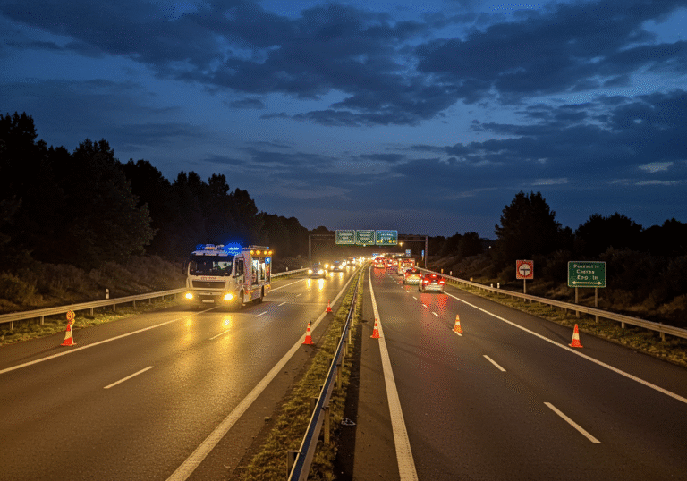 A wide-angle, late-night scene on the A1 highway in Croatia, on the 26th kilometer section between Karlovac and Jastrebarsko, looking northbound towards Zagreb. It's approximately 23:22 on August 21, 2025. Emergency vehicles from Croatian road authorities or police are present, their flashing amber and blue lights reflecting on the dry asphalt. Traffic is visibly restricted, with orange traffic cones and temporary warning signs guiding vehicles into a single, open lane. Cars are cautiously proceeding at a reduced speed under a partially cloudy night sky, depicting the aftermath of a traffic incident and ongoing road management efforts.