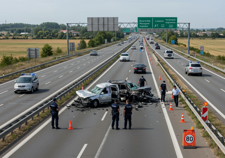 Daylight view of a traffic accident on the Croatian A3 highway, specifically on the section between Popovača and Kutina, looking towards Lipovac. Damaged vehicles are visible on the multi-lane asphalt, partially blocking lanes. Croatian police officers in dark blue uniforms are actively surveying the scene, which is cordoned off with orange traffic cones and temporary 80 km/h speed limit signs. Other vehicles are carefully navigating the highway, bottlenecked into two active lanes, creating slow-moving traffic. The sky is bright, and the surrounding landscape includes fields and trees typical of the Croatian countryside.