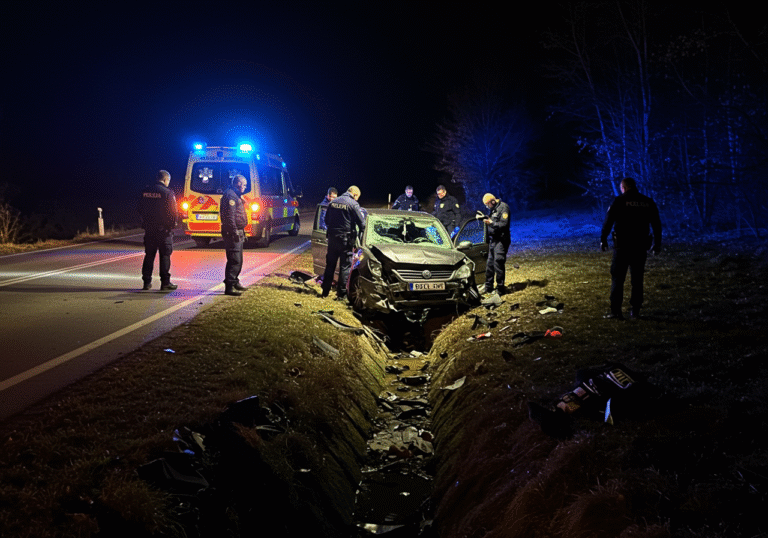 Late night on an unlit rural road between Berek and Ivanska, Croatia. A severely damaged vehicle with Austrian license plates is lodged in a drainage ditch, having impacted a reinforced concrete bridge. Croatian police officers from Policijska postaja Garešnica, in dark uniforms, are actively investigating the scene, illuminated by the flashing blue and red lights of an nearby ambulance and their personal flashlights. Debris from the crash is scattered around the vehicle. The atmosphere is somber and focused, capturing the aftermath of a serious traffic accident.