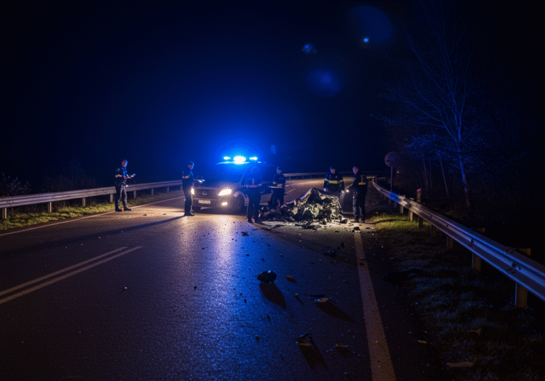 A serious traffic accident scene on a dark road near Berek, Croatia, in the early morning hours around midnight. Blue and red flashing lights from a Croatian police vehicle illuminate shattered car debris on the asphalt. Several Croatian police officers are present, surveying the scene with flashlights under the dim, pre-dawn light, conducting initial investigations. The atmosphere is solemn and quiet, conveying the immediate aftermath of a tragedy.