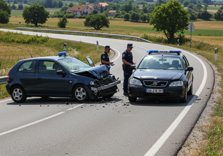 Two damaged passenger vehicles, one with Šibenik license plates and the other with Bjelovar license plates, are positioned on a curved section of state road D-1 in Pađene, Croatia. It is approximately 9:15 AM on a clear, bright August morning. Both cars show distinct front-left impact damage. Croatian police officers are present at the scene, with one officer perhaps documenting details or conversing with another individual, while another surveys the wreckage. Minor vehicle debris is scattered on the asphalt road surface. The immediate surroundings feature green rural vegetation and fields typical of the Croatian countryside.