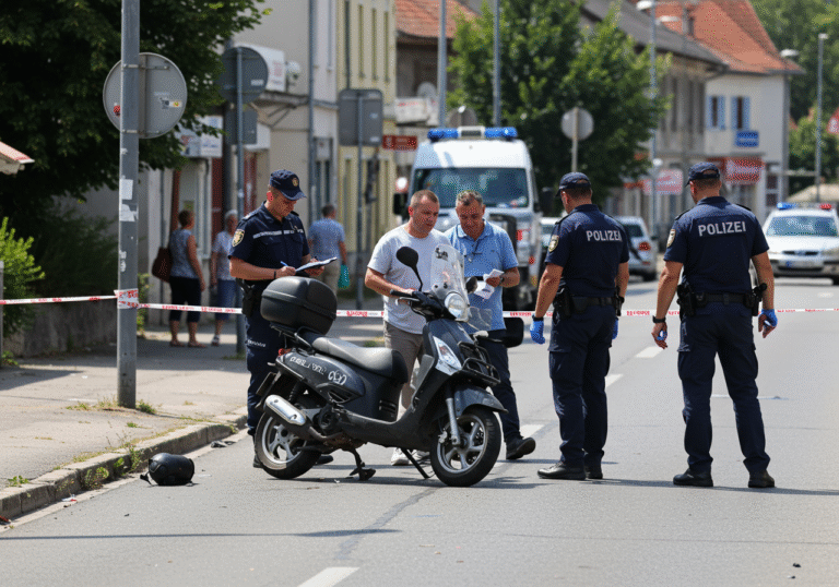 Croatian police officers in uniform are conducting an on-site investigation into a traffic accident on Liburnijska street in Ičići, Croatia. It's a sunny late morning in August. A damaged scooter lies on the asphalt near the roadside, partially cordoned off. The main road, located in the town center and close to a market, shows signs of recently normalized traffic flow after initial congestion. The scene is calm but professional, with officers examining the area and taking notes, reflecting the serious nature of the incident involving two pedestrians.