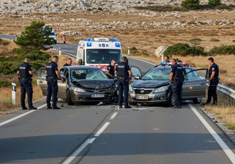 An editorial view of the aftermath of a severe head-on traffic collision on state road DC-106 in Kolan, Pag Island, Croatia, late on a clear summer afternoon. Two heavily damaged passenger vehicles are at the center of the scene: one displaying Czech license plates, the other Polish license plates. Croatian police officers, in their dark blue uniforms, are meticulously conducting an investigation around the wrecked cars, with some inspecting the damage and others documenting the scene. An ambulance and a police vehicle are visible nearby, indicating the presence of emergency services. The asphalt road is temporarily closed, with the rugged, dry landscape and sparse vegetation characteristic of Pag Island in the background under the bright afternoon sun.