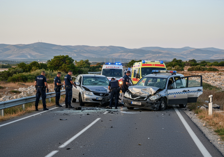 Late afternoon sunlight illuminates the scene of a severe traffic accident on state road DC-106 in Kolan, on Pag Island, Croatia, on a clear August day. Two heavily damaged vehicles, one with Czech license plates and another with Polish license plates, rest on the asphalt, showing clear signs of a direct collision. Croatian police officers in their distinct blue uniforms are actively investigating the scene, with some crouched near the vehicles, while others stand, observing, and taking notes. Emergency medical service ambulances are parked nearby, their lights off, indicating the immediate aftermath. The road is closed to traffic, with orange cones and police barriers visible, directing vehicles away from the crash site. The arid, rocky landscape of Pag Island, with sparse Mediterranean vegetation, forms the background.