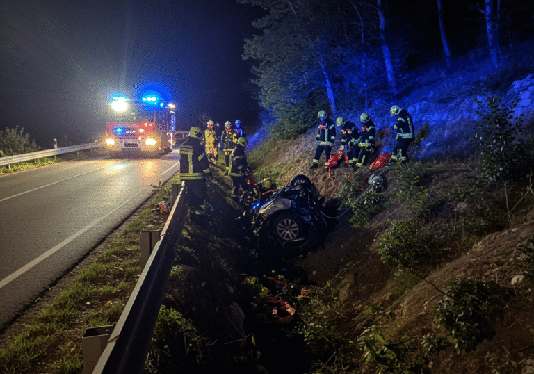 Early morning on August 12, 2025, on a rural road near the entrance to Dobrinj on Krk Island, Croatia. Flashing blue and red emergency lights illuminate a severe car accident scene. A heavily damaged, overturned car rests at the bottom of a steep, seven-meter-deep vegetated ravine. Above, on the roadside, Croatian firefighters from Krk and Dobrinj and paramedics are actively engaged in a demanding rescue operation, deploying ropes and specialized equipment into the ravine. A twisted metal guardrail and disturbed vegetation are visible on the road where the car veered off. The atmosphere is tense and focused, capturing the urgent aftermath of the crash.