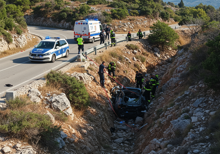 A daylight scene on Krk Island, Croatia, showing the aftermath of a severe traffic accident. A car wreckage is partially visible approximately seven meters down a steep, rocky ravine, off the side of a winding road. On the road above, a Croatian police car with its blue lights flashing and an ambulance are parked. Croatian police officers and paramedics are active around the scene, some looking down into the ravine or coordinating rescue efforts. The surrounding landscape features dry Mediterranean vegetation under a clear sky.