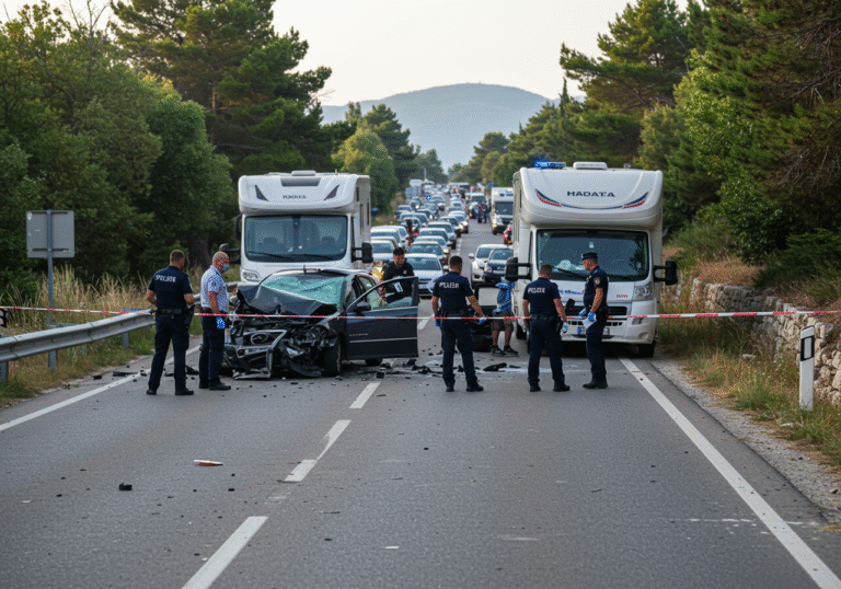 Mid-morning, July 30, 2025, on a two-lane stretch of Croatian state road D100 between Nerezin and Ćunski, near Mali Lošinj. The scene of a severe traffic accident unfolds, with two severely damaged passenger vehicles and a camper blocking the roadway. Uniformed Croatian police officers are meticulously examining the wreckage and the surrounding area, taking notes and marking points for their investigation. Yellow police tape cordons off a section of the road. In the distance, a long queue of frustrated drivers and vehicles stretches for kilometers towards Mali Lošinj, stalled by the road closure. The incident occurs under bright summer morning light, illuminating the Mediterranean landscape of Lošinj island.