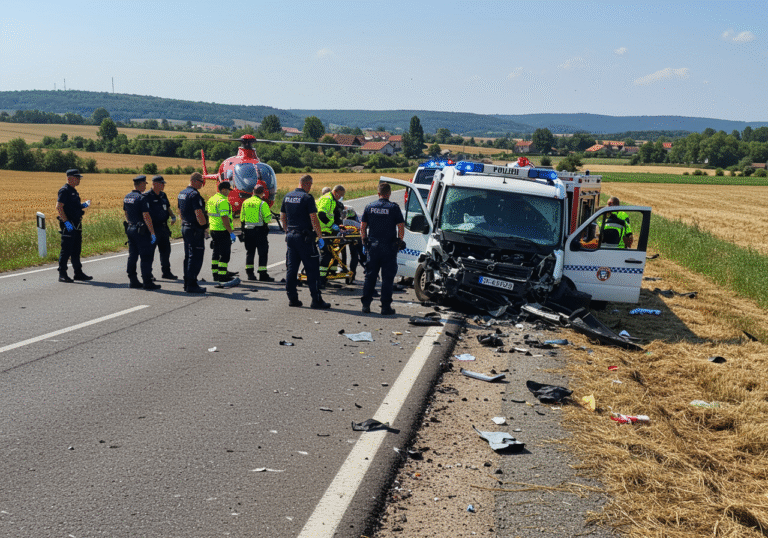 Mid-afternoon, Saturday, August 17, 2025, on a newly built road section in Mokrice, Oroslavje, Krapina-Zagorje County, Croatia. The scene of a severe head-on collision between two heavily damaged vehicles, visible on the closed asphalt road amidst scattered debris. Krapina-Zagorje County police officers in standard Croatian police uniforms are securing the area and beginning their investigation. Emergency medical personnel are attending to an injured person, while an emergency medical helicopter is visible on the ground nearby. Bright summer sunlight illuminates the urgent scene against a backdrop of rural Croatian hills and fields.