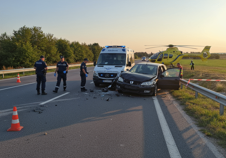 A serious head-on collision involving two passenger cars on a newly opened section of state road DC307 in Mokrice, Oroslavje, Krapina-Zagorje County, Croatia. Both vehicles show significant front-end damage. Croatian police officers in dark blue uniforms are managing the scene, with orange traffic cones and yellow police tape visible. An ambulance is parked near the wreckage, and paramedics are attending to the incident. A medical evacuation helicopter is on the ground nearby, indicating the severity of injuries. The late afternoon sun, between 3 PM and 4 PM, casts long shadows across the road, which is closed for investigation, causing traffic diversions in the background.