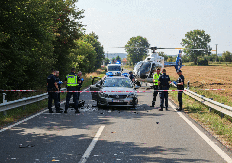 Daylight scene of a serious two-vehicle traffic accident on state road DC 307 near Mokrice, Oroslavje, Krapinsko-zagorska županija, Croatia, around 3 PM. Heavily damaged cars are on the closed road, with scattered debris. Several Croatian police officers, dressed in their standard dark blue uniforms, are meticulously conducting an on-site investigation, documenting the scene. A medical helicopter, typical for air ambulance services, is present at the accident site, either landed nearby or on a cleared section of the road. Bright, natural light illuminates the rural or semi-rural Croatian landscape surrounding the cordoned-off road. Police tape clearly marks the restricted area. Editorial, realistic photography.