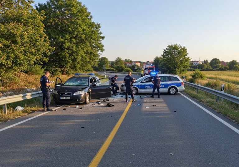A realistic editorial photograph taken around 9:15 AM on a clear summer morning on State Road D-1 in Pađene, Šibenik-Knin County, Croatia. The scene captures the immediate aftermath of a two-car collision on a visible bend of the road. Two significantly damaged passenger cars are prominently featured, one of which has veered into the opposing lane. Vehicle debris is scattered across the asphalt road surface. Croatian police officers are present, meticulously documenting the accident scene and managing traffic. A Croatian police patrol car with active blue lights is parked nearby. The background features the typical rural Croatian landscape under bright natural light.