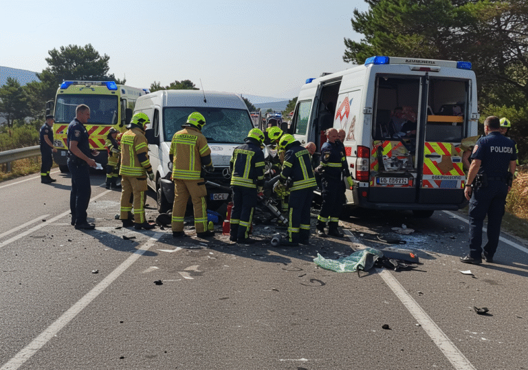 A mid-afternoon scene of a serious traffic accident on state road D-106 on Pag Island, Croatia. A heavily damaged delivery van and a crumpled smaller cargo vehicle are mangled on the asphalt, with debris scattered around them. Several Croatian firefighters in yellow protective gear are actively using hydraulic rescue tools to extricate individuals from one of the vehicles, which has a visible Slovenian license plate. Croatian police officers in dark blue uniforms secure the perimeter and direct diverted traffic away from the collision site in the background. An ambulance is parked nearby, and the bright August sun casts clear shadows on the road.