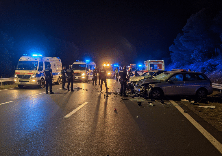 Late evening, around 10 PM, on the Jadranska magistrala (Adriatic Highway) near Podgora, Makarska, Croatia. The aftermath of a severe two-car collision. Two heavily damaged passenger cars are visible on the dark asphalt road, surrounded by scattered debris. Bright flashing blue and red emergency lights from multiple Croatian police vehicles and an ambulance illuminate the scene. Several uniformed Croatian police officers are meticulously conducting an investigation, examining the vehicles and the roadway. The atmosphere is serious and focused, with the road closed to traffic.