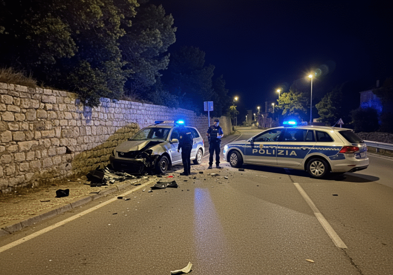 Nighttime, Šišanska cesta, Pula, Croatia. A damaged vehicle is conspicuously crashed into a stone wall by the roadside, with visible impact marks. Blue and red flashing lights from a Croatian police patrol car cast an emergency glow across the scene. A Croatian police officer in a dark uniform is observed conducting an investigation near the wreckage. Debris from the collision is scattered on the asphalt under the streetlights, depicting the aftermath of a late-night traffic accident.