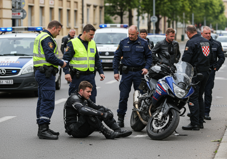 Mid-afternoon on Zvonimirova Street in Rijeka, Croatia. Croatian traffic police officers in their uniforms and reflective vests are actively investigating a motorcycle accident scene. A 21-year-old Austrian motorcyclist, wearing motorcycle gear, sits on the asphalt near his damaged motorcycle, appearing shaken but with minor visible injuries. A 20-year-old Austrian motorcyclist stands nearby, speaking with a Croatian police officer. Several other European motorcyclists, members of their group, are visible in the background observing the ongoing police procedure. A Croatian police vehicle with official markings is parked on the street.