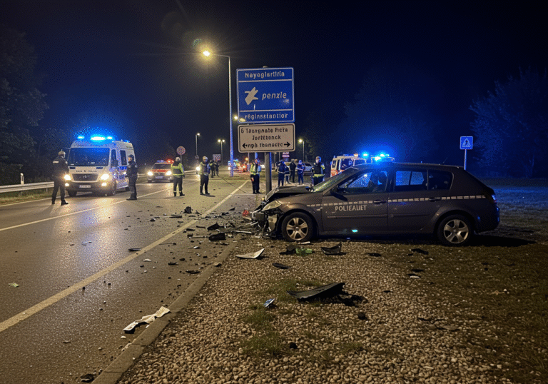 Nighttime scene on Gornjostupnička Street in Novi Zagreb, Croatia, around 9:45 PM. A heavily damaged Renault passenger car rests on a gravel shoulder, having spun and collided with a road sign support. Nearby, a damaged Audi is positioned on the asphalt. Flashing blue lights from multiple Croatian police vehicles illuminate the accident site, with debris scattered across the roadway. Police officers are present, investigating the somber scene under the glow of streetlights and emergency vehicle lights.