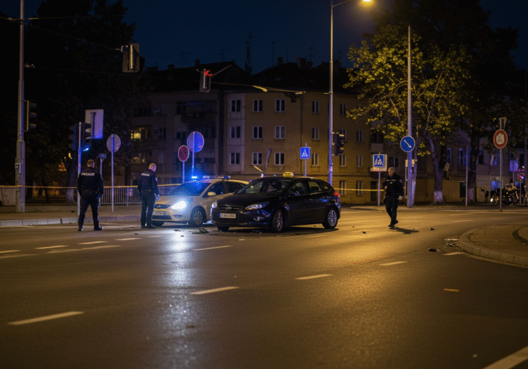 A late evening scene at the intersection of Petrovaradinska Street and Zagrebačka Avenue in Zagreb, Croatia, illuminated by streetlights and vehicle headlights. A black Ford Focus taxi with visible damage is positioned awkwardly in the middle of the intersection, alongside another damaged car. Debris from the collision, like broken glass and crumpled plastic, litters the asphalt. Several Croatian police officers in dark uniforms are present, one possibly examining the vehicles or speaking to a bystander, while another secures the perimeter. A few concerned bystanders observe the scene from sidewalks. The atmosphere is quiet and focused as the investigation begins after a recent traffic accident.