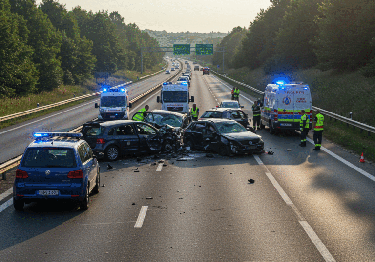 Morning light illuminates the A3 Bregana-Lipovac highway in Croatia, near Novska, on August 1, 2025. The scene depicts the aftermath of a severe multi-vehicle collision on the lanes heading towards Bregana, specifically at the 134-kilometer mark between Okučani and Novska interchanges. Several extensively damaged cars are scattered across the roadway, with one vehicle appearing completely destroyed and unrecognizable. Croatian police vehicles with flashing blue lights are parked alongside, and paramedics from ambulance vans are actively on site, attending to the incident. A long, stagnant line of cars stretches into the distance, indicating the 10-kilometer traffic blockage caused by the accident. The overall atmosphere is somber and chaotic, reflecting the serious nature of the highway incident.