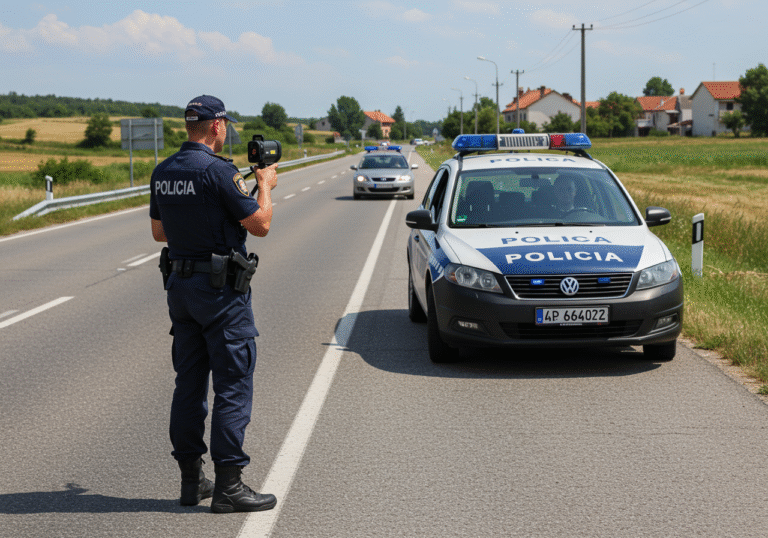 A Croatian police officer in a dark blue uniform and cap stands by a two-lane road in Vukovar-Srijem County, Croatia, holding a radar gun. A marked Croatian police patrol car with blue and red lights is parked behind the officer on the shoulder. A civilian car, possibly a sedan, is pulled over ahead. The scene is set during a bright, clear summer midday in August, with green fields and sparse, low-rise architecture typical of the region in the background. The officer maintains a focused, professional expression while conducting a traffic stop.