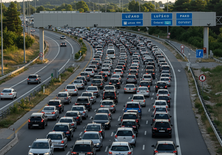 Early morning light casts a soft glow over the Lučko toll station in Croatia on Saturday, August 2, 2025. An immense, dense queue of cars, SUVs, and minivans fills multiple lanes, stretching far into the distance. Vehicles are either stationary or inching forward slowly towards the concrete toll booths. Drivers are visible through their car windows, displaying a mix of patience and fatigue. The scene captures the high volume of summer tourist traffic common on a busy weekend, heading towards the Adriatic coast.