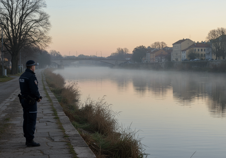 Early morning light illuminates the tranquil Sava River in Sisak, Croatia. A Croatian police officer, dressed in a standard dark blue uniform, stands near the water's edge on the riverbank along Savska Street, observing the scene with a serious expression. The air is still and cool, characteristic of dawn. The river's calm surface reflects the pale sky. The background shows subtle hints of urban development typical of Sisak near a river.