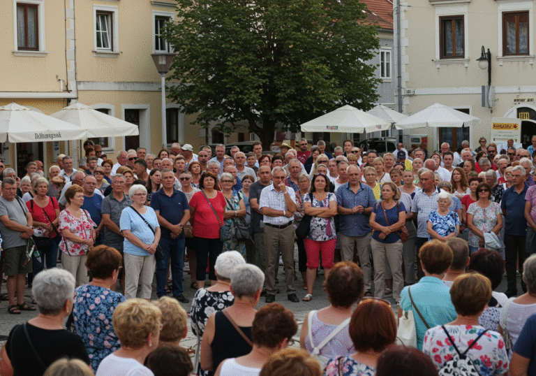 A peaceful protest of approximately 300 Croatian citizens gathered on Trg Gospe Kunagorske in Pregrada, Croatia, on a warm Sunday afternoon, August 10, 2025. The crowd, a mix of all ages in casual attire, stands with determined yet concerned expressions, listening intently. A speaker, gesturing with conviction, addresses the community from a slightly elevated position. The setting features the characteristic architecture of a rural Croatian town square, under soft, natural daylight.