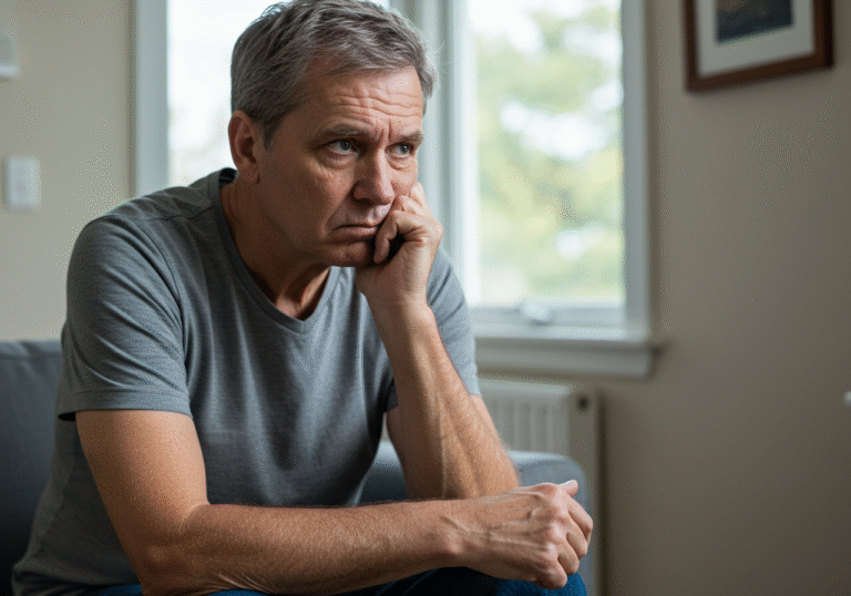 A pensive adult person, seated indoors in a soft, natural daylight setting, subtly exhibiting signs of low energy and a persistent, underlying sense of hunger. Their posture and expression convey a quiet fatigue and slight listlessness, with a focus on their unmanicured hands or the texture of their hair, hinting at the body's discreet signals of protein deficiency.