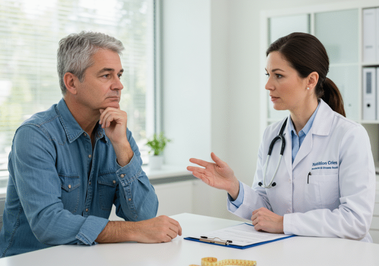 A thoughtful, middle-aged individual, possibly a man or woman in their 50s, with a slightly weary or concerned expression, sitting opposite a professional nutritionist in a bright, modern health clinic. The nutritionist, mid-career, is attentively listening or offering advice, gesturing subtly. The clinic setting is clean, well-lit by natural light, suggesting a calm and professional environment for discussing health and lifestyle adjustments.
