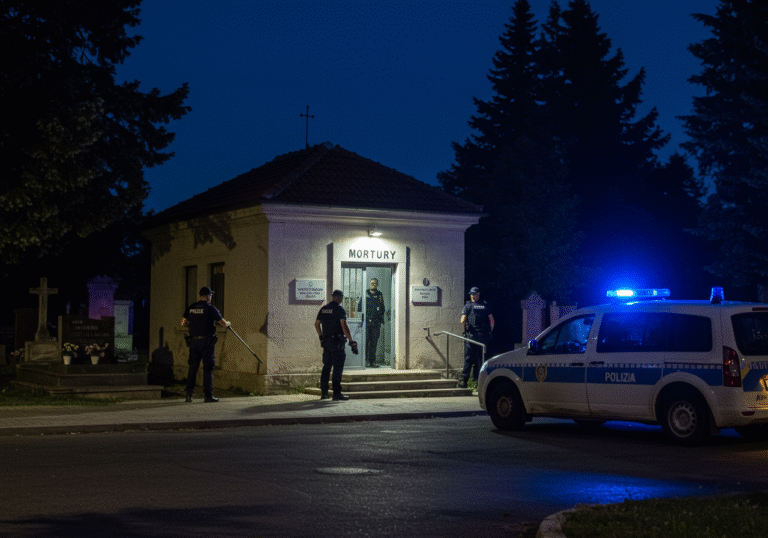 Nighttime view of a somber mortuary building within the Đakovo cemetery in Croatia. Two uniformed Croatian police officers are present, one holding a flashlight and looking towards the building's entrance, while the other observes the surrounding area. A marked Croatian police vehicle is parked nearby, its blue emergency lights casting a soft glow on the quiet cemetery grounds. The mortuary is a modest, stone-faced structure, typical for a cemetery in the region, under a clear August night sky.