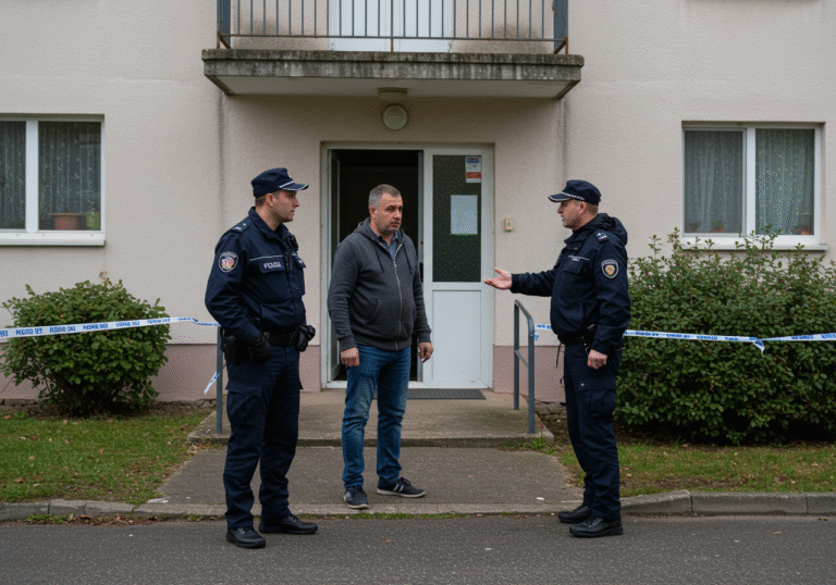 A uniformed Croatian police officer stands near the entrance of a residential apartment building on Ulica Napredak in Velika Mlaka, Velika Gorica, under an overcast afternoon sky. Another officer speaks with a visibly distressed 51-year-old man, the apartment owner, who gestures towards the building entrance as part of an ongoing police investigation into a significant burglary.