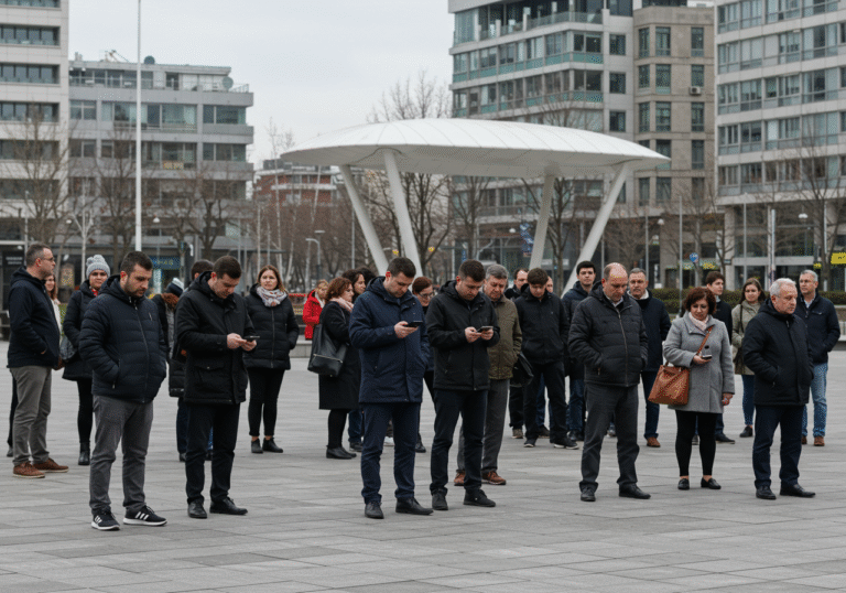 A diverse group of citizens, appearing calm and attentive, some glancing at their smartphones, are gathered in a modern, well-maintained urban public square during a clear day. The scene conveys a sense of anticipation and order, reflecting the public's reliance on official information channels.