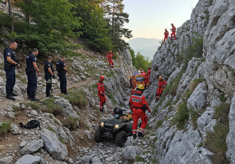 Tragična nesreća na Velebitu: Jedna žena poginula, druga teško ozlijeđena nakon pada quada u provaliju Croatian Mountain Rescue Service (HGSS) members in their standard uniforms are meticulously navigating a steep, rocky ravine within the Velebit mountain range, near the entrance to Sjeverni Velebit National Park. They are engaged in a complex extraction operation on a clear August day, light illuminating the rugged terrain. Nearby, Croatian police officers in uniform are securing the accident site, with a damaged quad vehicle partially visible at the bottom of the deep chasm. The atmosphere is solemn and professional, reflecting the gravity of the tragic incident.