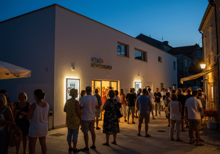 An evening scene on the picturesque Croatian island of Rab during the Rab Film Festival. People are gathered near the entrance of the newly opened Kino Murnau cinema. The warm August night air is still, with a clear sky above. Festival attendees, dressed in light summer clothing, are mingling and looking with anticipation towards the cinema's facade, which is gently lit by ambient lights. Some individuals are holding film programs or engaging in conversation. The scene captures the lively, expectant atmosphere of a cultural event on a scenic island.