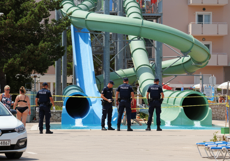A solemn scene at a water park in Lopar, Otok Rab, Croatia, on a clear summer day in August. Uniformed Croatian police officers are meticulously examining the base of a large commercial waterslide, which appears to be cordoned off. The overall atmosphere is serious and quiet, indicating an ongoing investigation. The background shows typical architecture of a Croatian coastal tourist resort.