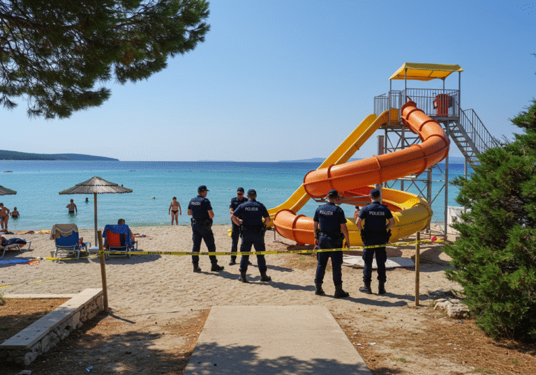 A somber, sunlit scene on a public beach in Lopar, Rab island, Croatia, on a clear summer day. A large, brightly colored water slide stands prominently, partially cordoned off with yellow police tape. Several Croatian police officers in their dark blue uniforms are visible near the slide, engaged in conversation or observing the area with serious expressions. The calm, turquoise waters of the Adriatic Sea stretch out in the background under a bright blue sky, with some typical Croatian beach infrastructure.