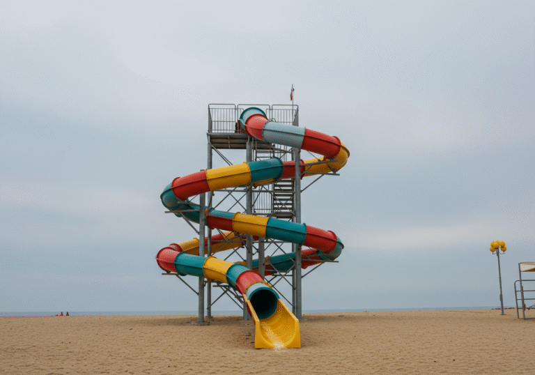 An unoccupied water slide stands prominently on Rajska plaža (Paradise Beach) in Lopar, Rab island, Croatia, under a diffused, overcast sky. The leisure park structure appears still, its colors muted by the natural light, conveying a quiet, contemplative atmosphere.
